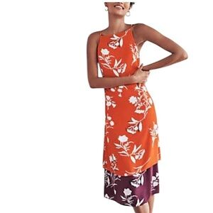 Ann Taylor NWT Floral Layered Tiered Orange Purple Flower Midi Dress 16 Petite